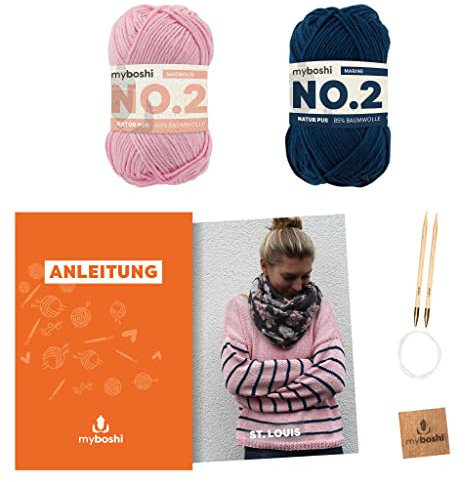 myboshi Strickset Pullover St. Louis, Strickset für Anfänger, inkl. No.2 Wolle, Nadel und Anleitung, Label, Strickpaket, 85% Baumwolle, 15% Kapok Pink, Blau mit Rundstricknadel