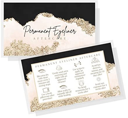 Permanent Eyeliner-Nachbehandlungskarten, 50 Stück, 5,1 x 8,9 cm, Visitenkartengröße, PMU Supplies | Schwarz, Rosa und Gold Design