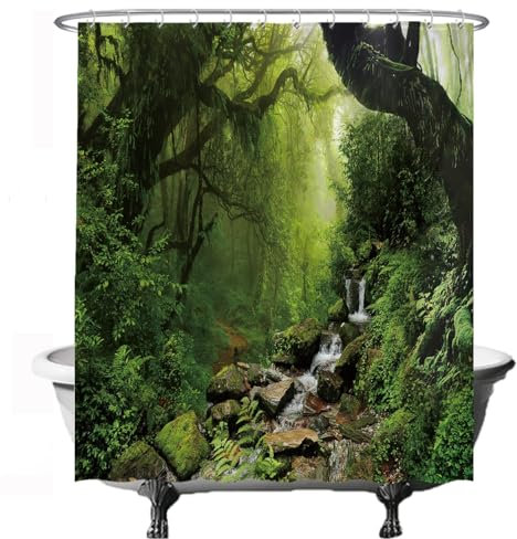 Ulticool Duschvorhang - Regenwald Natur Öko Pflanzen Wasserfall - 180 x 200 cm – Anti Schimmel - Waschbar – Wasserdicht - mit 12 Ringe - Grün