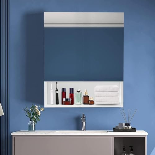 LEMROE Bathroom Mirror Cabinet with 2 Doors, 50 x 60cm Bathroom Wall Mounted Cabinet with Adjustable Shelves Storage Cupboard, White