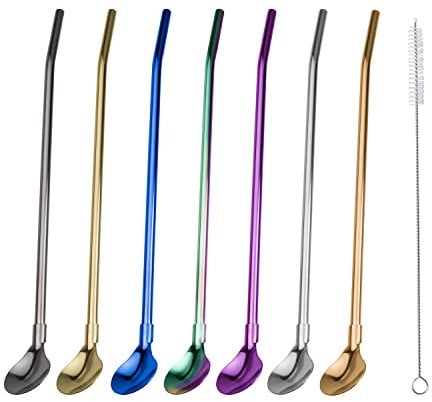 7 Pcs Drinking Straw Spoon Stainless Steel Reusable Straw Spoon with 1 Cleaning Brush (Regular)