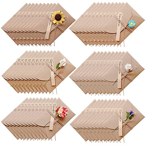 Yayatty 60 Stück Retro Kraftpapier Karte, Grußkarte Einladungskarte Geburtstagkarte Dankskarte mit Getrocknete Blumen Unbelegte Kraftpapier Karte für Weihnachten Geburtstag Muttertag