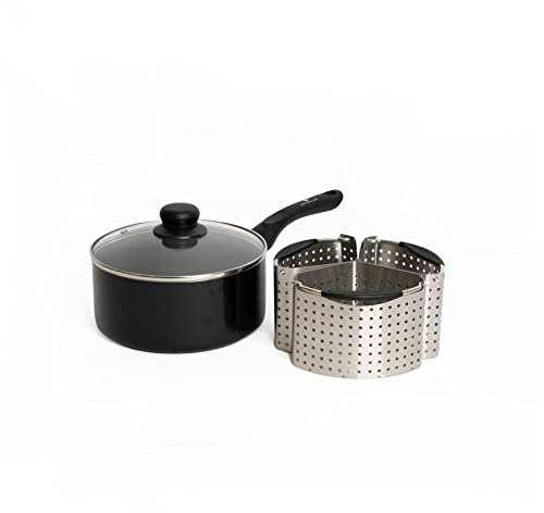 MasterClass Heavy Duty Non-Stick 20cm Saucepan with Lid and Set of Three MasterClass Stainless Steel Saucepan Divider Baskets