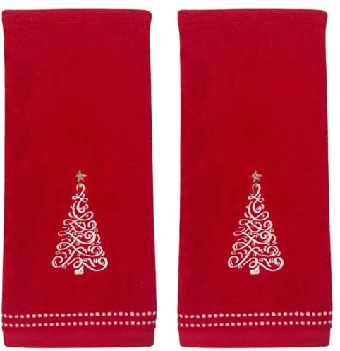 Christmas Theme Red White Towel Set: Cotton Velour Modern Towels with Scroll Designed Tree( 25 x 16 Inch)