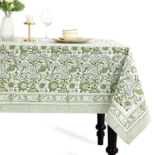 CPC Agate Green Block Print 100% Cotton Rectangle Tablecloth 60x90 Inch
