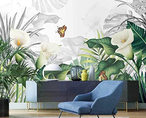 Fototapete 3D Effek 3D Tapete Handgezeichnete Calla-Lilie Tropische Pflanzenblätter Schmetterling Vliestapete 3D Tapeten Wandbilder Wohnzimmer Wanddeko personifizieren