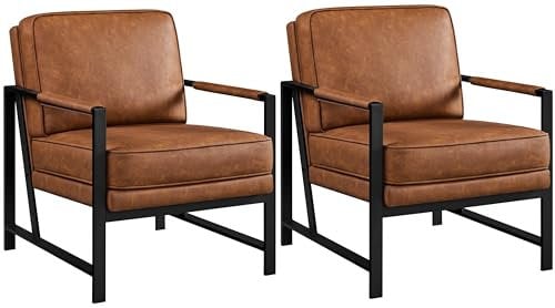 Yaheetech Sessel 2er Set Retro Loungesessel aus Kunstleder, Relaxsessel mit Rückenlehne, Einzelsessel mit Metallrahmen, für Wohnzimmer/Empfangsraum/Büro, Hellbraun