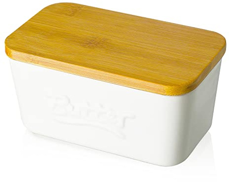 Porcelain Butter Dish with Wooden Lid, Candiicap Airtight Butter Keeper for Countertop & Home Kitchen Decor, Large Butter Holder for All Types of Butter(Matte White)