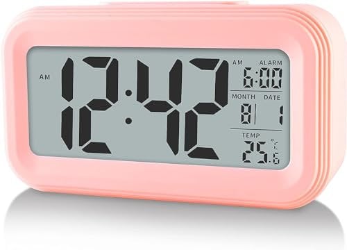 Upgraded Digital Alarm Clock, 4.3 LED Display with Temperature Larger Lound Light Control Portable Snooze Calendar Brightness with Battery Powered Alarm Clocks Bedside for Everyone (Pink)