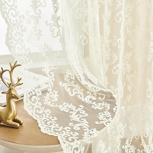 FOLKSIDE Tende in pizzo, lunghezza 183 cm, set di 2 pannelli, motivo cachemire, motivo floreale, tende trasparenti per soggiorno, camera da letto, tasca per asta francese, filtraggio della luce, tende