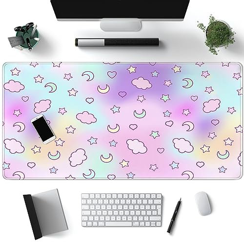 Joli sous-main de bureau motif nuages spatiaux, grand tapis de souris de jeu kawaii 80 x 40 cm, tapis de souris XL étendu avec bords cousus antidérapants, tapis de bureau cool pour clavier et souris