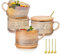 TIMIFTE Vintage Coffee Mugs Set of 4 Embossed Tea Cups, Overnight Oats Containers with Bamboo Lids and Spoons, 14oz Glass Coffee Cups for Cappuccino, Latte, Cereal, Yogurt, Beverage, Amber