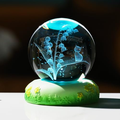 Ornalrist 60mm Crystal Ball Engraved with 3D Cat and Lily of the Valley Figurine with LED Colorful Base, Glass Cat Sphere Collectible Ornament Gifts for Women Cat Lovers