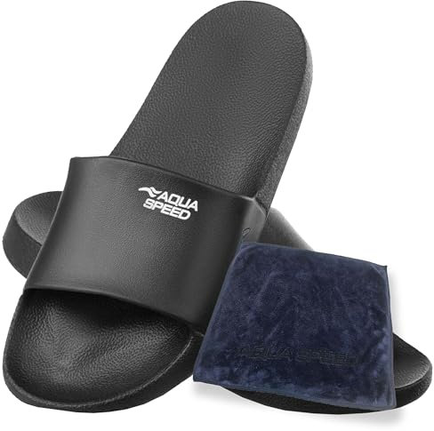 Aqua Speed - Badelatschen OHIO + kl. Fasertuch | Damen und Herren | Duschsandalen | Badeschlappen, Farbe:Schwarz, Größe:37