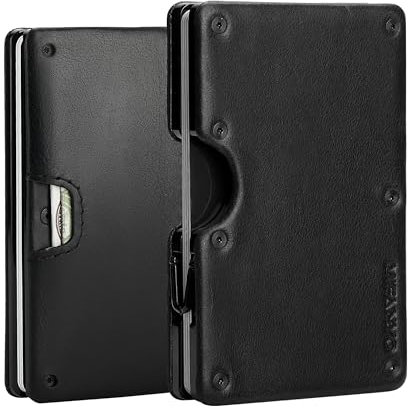 MIFANYO Geldbörse Herren, Leder und Aluminiummetall Kartenetui Geldbeutel, Minimalistische Metall Fronttasche Kartenhalter, Kleine RFID Schutz Schlanke Brieftaschen für Männer, Schwarz