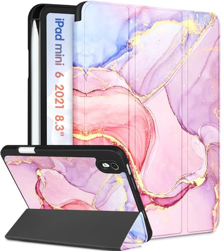 Pegmode Coque pour iPad Mini 6 8,3 Femmes Filles Mignon Folio Cover Marbre Rose Enfants Adolescents Girly Jolie avec Porte-Crayon Fonction Veille/Réveil Automatique Smart Cases pour Apple iPad Mini
