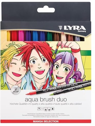LYRA Aqua Brush Duo, wasserlöslicher Doppelfasermaler, mit feiner Rundspitze und Pinselspitze, Manga Selection, Kartonetui, 12 sortierte Farben
