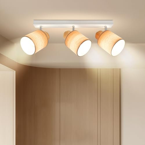 Doughelec Deckenlampe Deckenleuchte 3 Flammig Holz - Wohnzimmer Deckenstrahler Deckenspot Vintage E14 Schwenkbar Lampe Wandstrahler MAX 30W Spot für Schlafzimmer Küche Flur, Ohne Leuchtmittel Weiß
