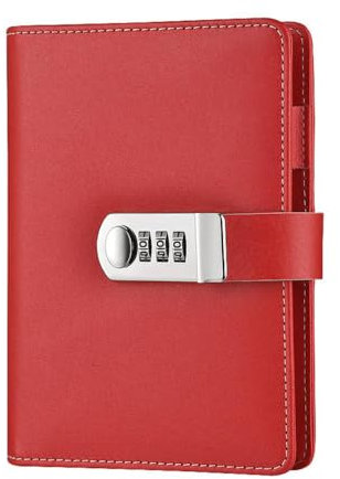 A6 Journal with Lock, Refillable Binder PU Leather Diary Password Notebook with Pen Holders and Card Slots, Code Lock Diary for Men Women, Red