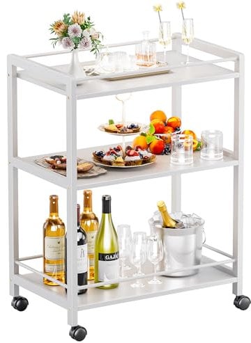 HITNET White Bar Cart, Home Bar Serving Cart, Kitchen Trolley on Wheels with Storage, 3 Tier Rolling Beverage Cart for Living Room Kitchen Home Office