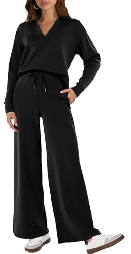Glamaker 2-teiliges Set für Damen, lässiger Stil, langärmelig, Sweatshirt, Poloshirt, weites Bein, passende Sets