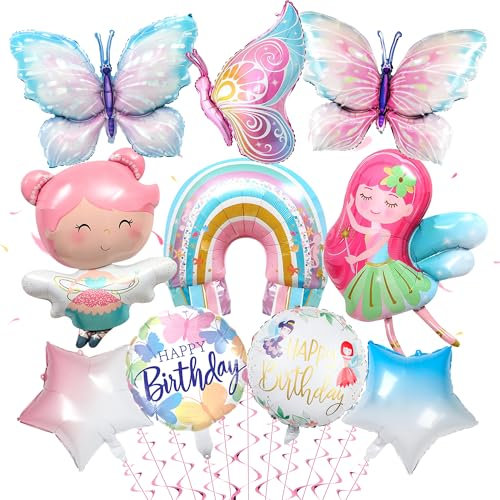 Feen Geburtstag Luftballon Deko für Mädchen - 11 Stück Schmetterling Geburtstag Dekoration mit Schmetterling Luftballon, Feen Folienballon, Blumenfeen Party Dekoration für Kindergeburtstag Babypart