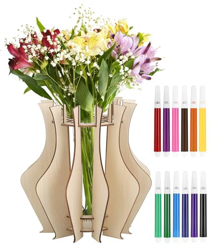 Huiguli Puzzle en Bois Vase de Fleurs, Vase pour Lego Fleurs avec 12 Crayons D'aquarelle, 3D Vases Puzzle en Bois, Vases Puzzle pour Fleurs, pour Roses Tulipes Bouquet Tournesol Décorations