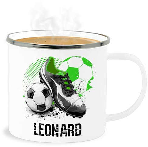 Emaille Becher Blechbecher - Personalisiertes Fußballgeschenk mit Namen | Geschenke für Fußballfans | Weihnachtsgeschenke Fußball - 300 ml - Weiß Silber - fußballer