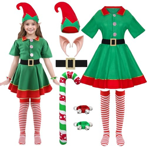 HarnyLoom Weihnachtself Kostüm Damen Kinder Erwachsen, Weihnachten Kostüm Männer Elfenkostüm Wichtel Elfen Outfits Elfenohren Elfenhut Glocke Weihnachten Party Cosplay (Kind-Mädchen, 140)