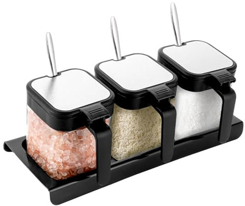 LDXDRU 3-teilig Gewürzbox Gewürzdosen Set, Gewürzgläser mit Löffel und Deckel, Mehl Zucker Salz Aufbewahrung Set, Glas Zuckerbehälter, Gewürzbehälter Glasgewürzbox Salzdosen für Küche Salz