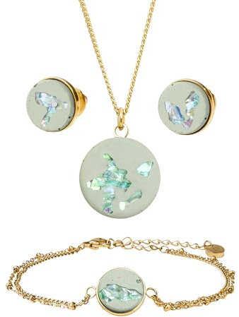 Concrete Jungle ROUND IT UP Schmuck-Set Damen | Halskette, Ohrstecker & Armband | Handgefertigt aus Beton & recyceltem Kupfer | Perfektes Weihnachts-Geschenk für Sie (Pistacchio Crystal Gold)