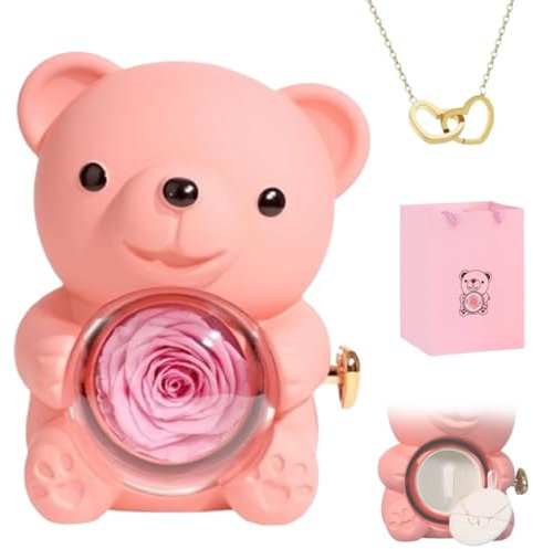 Engraved Heart Necklace with Real Rose Bear Giftbox, Preserved Rose Hug Bear Gifts for Women with Heart Necklace, Rose Bear With Box and Necklace for Wife Mom Grandma Girlfriend Valentines Day Birthda