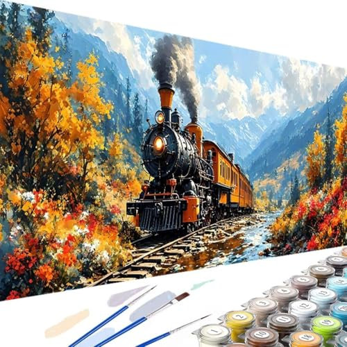Herbst Malen Nach Zahlen Erwachsene Kinder, 40x80cm Groß Paint by Numbers mit Leinwand Pinseln Acrylpigment, Zug DIY Handgemalt Gemälde Kit für Jungen Mädchen ab 6 Jahre und Home Deko Ohne Rahmen N-y