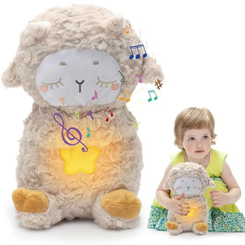DASIAUTOEM Schlummer Kuscheltier Schaf, Baby Einschlafhilfe mit Herzschlag, Schlummer mit Sanfter Musik, Angstlinderung Plüschtiere, Kuscheltier Kinder Spielzeug, Babyparty Geschenk (Kaffee)