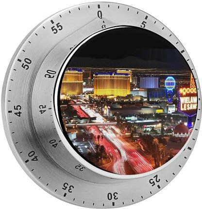 Las Vegas Night City Küchentimer Chef Kochen Timer Uhr mit lautem Alarm, mechanischer Schreibtisch-Timer, magnetischer Countdown-Timer, Countdown-Timer, Edelstahl, Countdown-Timer