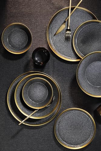 Ensemble de dîner élégant de 8 pièces, noir et doré, 100% porcelaine. Comprend 2 assiettes de service (27 cm), 2 assiettes profondes (21 cm), 2 assiettes à dessert (21 cm), 2 bols (15 cm) | Parfait