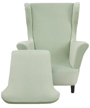 JUNLEBUYI 2-Teilig Ohrensessel Überzug, Strandmon Bezug, Sesselbezug Stretch Sesselüberwurf Mode Einfarbig Samt Ohrensessel Bezug Sesselschoner Mit Armlehne(Hellgrün)