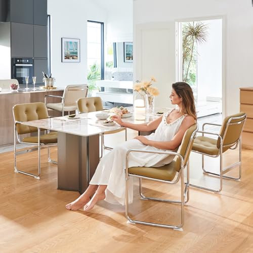 COLAMY Modernes Essstuhl-Set 4er, Knopfgepolsterter PU-Leder-Esszimmerstuhl mit Metallbeinen für Zuhause/Wohnzimmer/Büro/Esszimmer, Grün