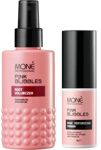 MONÉ Professional Stylingspray & Haarpuder Set, Rosa Schimmer, 150ml+8g | Aufs feuchte Haar sprühen und föhnen, dann max 2-3 Sprühstöße Puder am Ansatz. Alle Töne, dezenter Schimmer. Vanille.