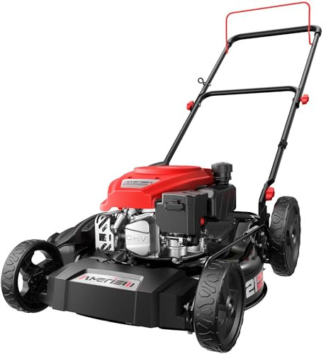 AMERISUN Tondeuse à gazon à gaz de 53,3 cm, moteur 144 cc, paillage et décharge latérale, réglage de la hauteur à 6 positions, poignées pliables pour l'entretien de la pelouse, de la cour et du jardin