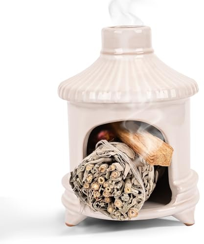 Belsea Palo Santo Holder, Mini Fireplace Palo Santo Burner, Handmade Ceramic Smudge Bowl for Sage, Incense Cones, Candles, Chimenea Ash Catcher for Meditation, Yoga, Spa, Home Decor(White)