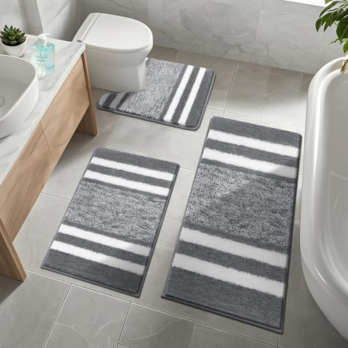 Pauwer Rutschfestes 3-teiliges Badematten- und WC-Vorleger-Set, super wasserabsorbierend, maschinenwaschbar, weiche Mikrofaser, zottelig, Duschbodenmatten für Badezimmer