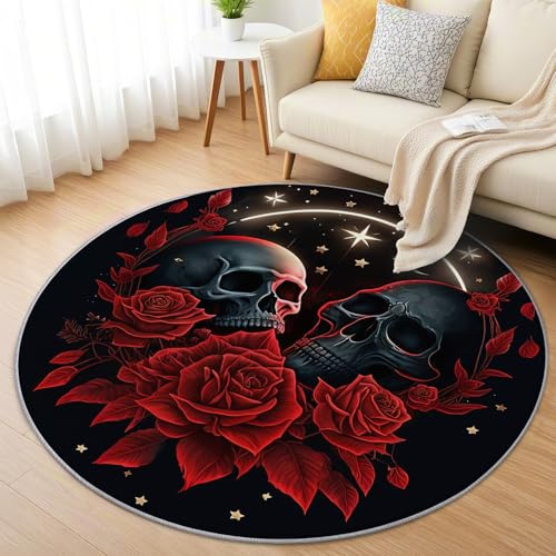 AevuCub Gothic Teppich Rund 120cm Kurzflor - Waschbare Teppiche Wohnzimmer Totenkopf Rote Rosen - Runder Teppich 120 Durchmesser Kinderzimmer - Bettvorleger Schlafzimmer rutschfest Weich