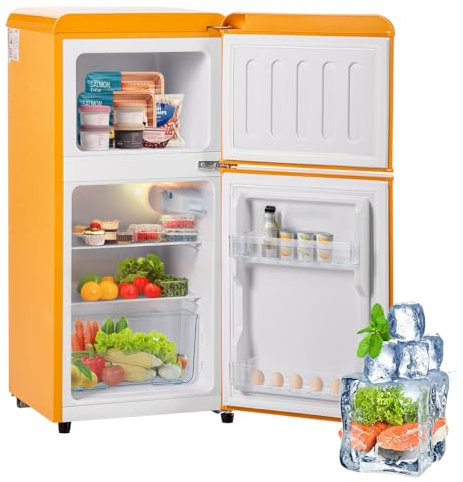 Frigorifero Retrò Combinato, Frigorifero a Doppia Porta Superiore E Inferiore, Altezza 86,8 Cm, Larghezza 45,5 Cm, Capacità Totale 60 L, Congelatore 22 L, 102 Kwh/Anno, -27 °c-13 °c,Yellow
