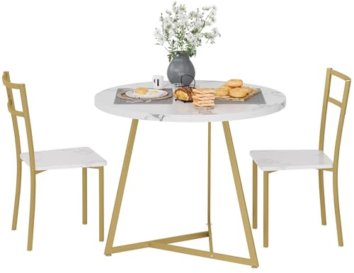 Garvee Mesa Comedor, Mesa de Comedor Redonda con Sillas, Estructura Principal Dorada y Superficie de Mármol Blanco, Ideal para Familia, Uso en Cocina y Salón Interior para Comidas Diarias