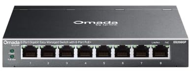 TP-Link Omada ES208GP Easy Managed Gigabit PoE+ Switch, 8 Port Gigabit RJ45 mit 64W PoE Budget, Cloud-Management, VLAN, QoS, IGMP Snooping, lüfterloses Metallgehäuse, Desktop/Wandmontage