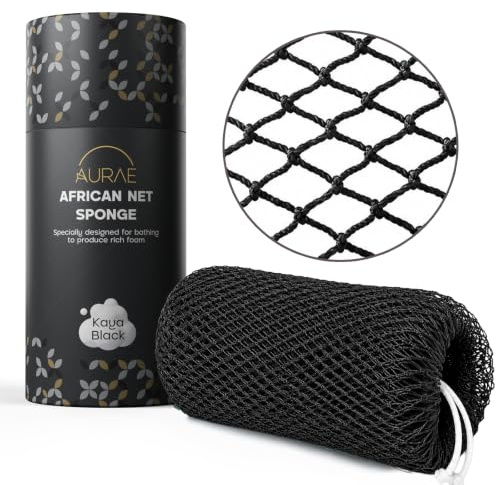 AURAE African Net Sponge – Authentic African Exfoliating Net Sponge for Bath & Shower, 115 cm Soft, Durable & Quick-Drying Mesh Back Scrubber & Body Exfoliator for All Skin Types – Kaya Black