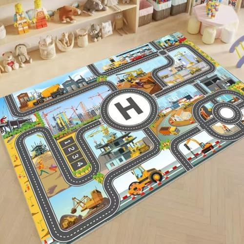 DLAYLQZG Spielteppich Baustelle für Jungen - Interaktives 3D-Stadtplan Design mit Bagger, Kran & Muldenkipper | rutschfeste Lernmatte für Kinderzimmer, Schlafzimmer & Babyzimmer (Style,100x160cm)