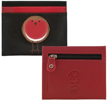 Mala Leather Bobbie Robin Bird Card Holder with Zip – Genuine Leather Slim Wallet with RFID Protection – Card Slots, Slip Pocket & Coin Zip – Black & Red