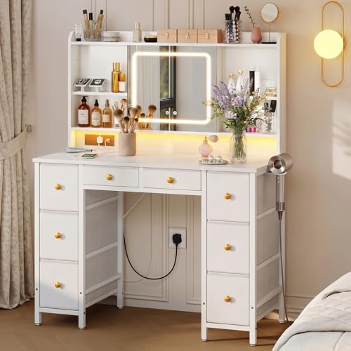 ODK Dressing Table with LED Mirror & Power Outlet, Vanity Desk with 8 Drawers & Adjustable Shelves, Makeup Table with RGB Lights, USB Ports, White Vanity Table for Bedroom - 110×40×137cm
